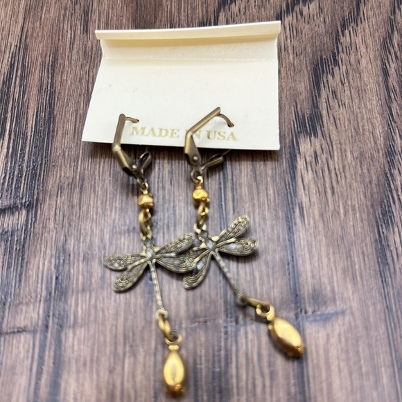 Blue Austrian Crystal Dragonfly Earrings. Brass Findings Dangling Earrings Blue - Picture 9 of 11